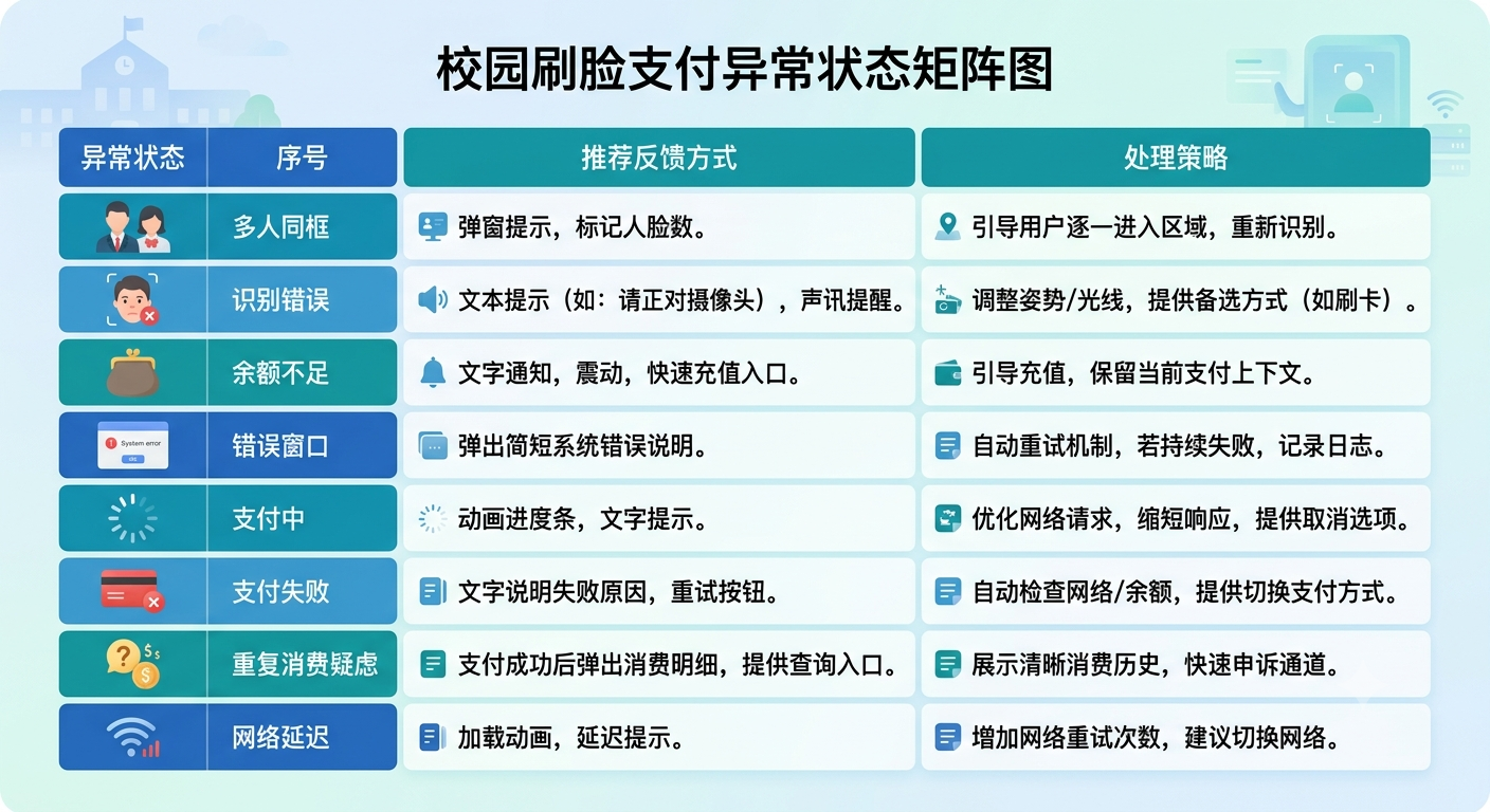 校园刷脸支付异常状态、反馈方式与处理策略矩阵